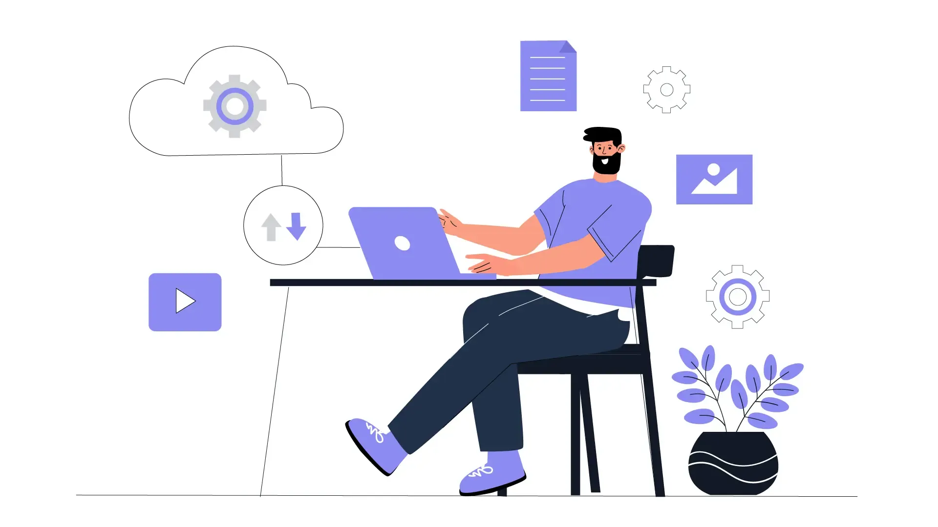 Efficient Cloud Computing Concept Man at Laptop in Digital Environment Flat Illustration